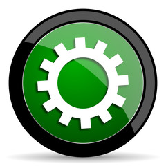 gear green web glossy icon with shadow on white background