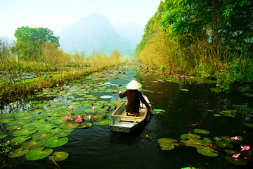 Yen stream on the way to Huong pagoda in autumn, Hanoi, Vietnam. Vietnam landscapes. - obrazy, fototapety, plakaty