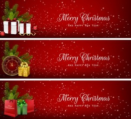 Set of christmas banners with gift boxes,bag and clock