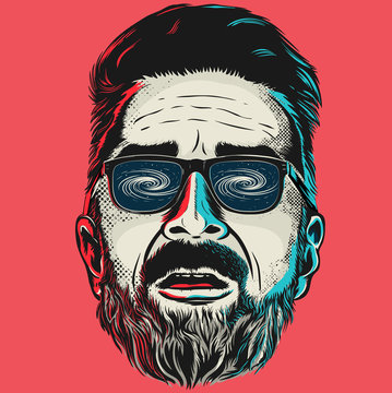 Hand drawn vector face of a hipster man with glasses.