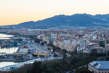 Aerial view of a port in Malaga during sunset, Spain