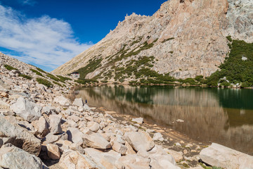 Mountain hut Refugio Frey and Laguna Toncek lake near Bariloche, Argentina