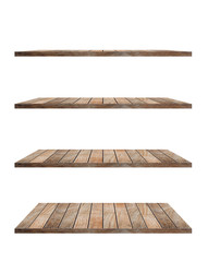 collection of wooden shelves on an isolated white background