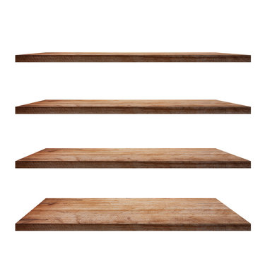 Fototapeta collection of wooden shelves on an isolated white background