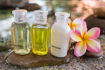 Mini set of bubble bath and shower gel in zen style decoration