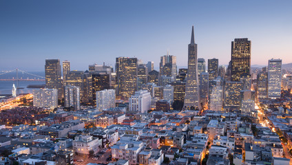 San Francisco Downtown via Coit Tower in the blue hour
