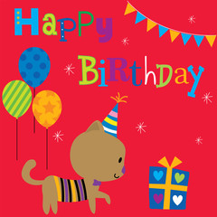 birthday card with cute cat and party birthday set design vector illustration.