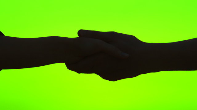 Male and female hands holding together on green screen. Friend offering help