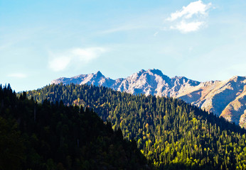 Amazing view of the hills covered with forests and head of a mountain. Abkhazian nature