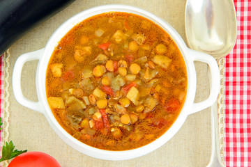Lentil Soup with Eggplant, Tomatoes and Onions.