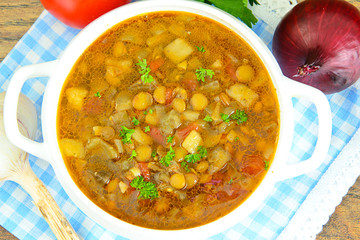 Lentil Soup with Eggplant, Tomatoes and Onions.