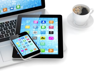 Laptop, phone, tablet pc and coffee.