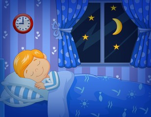 Cartoon little boy sleeping in the bed