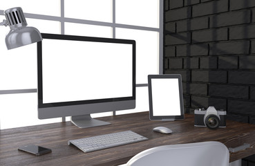 3D illustration PC screen on table in office, Workspace