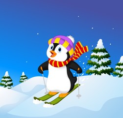 Obraz premium Cartoon penguin skiing down a mountain slope