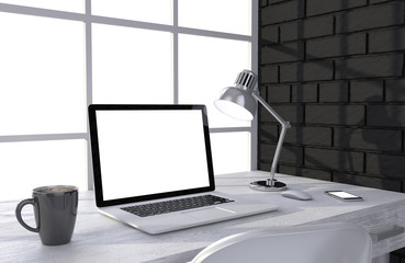 3D illustration laptop and work stuff on table near brick wall, Workspace