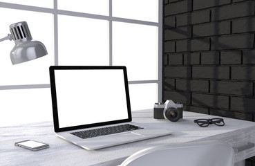 3D illustration laptop and work stuff on table near brick wall, Workspace