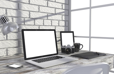 Fototapeta premium 3D illustration laptop and work stuff on table near brick wall, Workspace