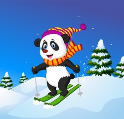 Obraz premium Cartoon panda skiing down a mountain slope