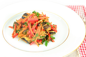 Diet and Healthy Food: Salad with Eggplant, Carrots.