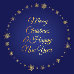 Vector deep blue square background with frame of elegant golden snowflakes and script type text: Merry Christmas & Happy New Year.