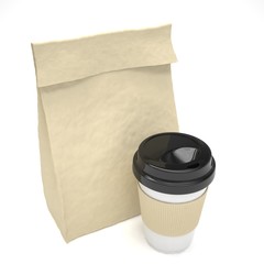 Coffee to go and lunch bag, on white.