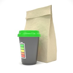 Coffee to go and lunch bag, on white.