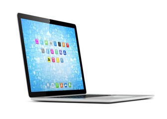 3d rendering of a laptop with blue wallpaper with app icon
