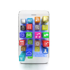 application software icons extruding from smartphone, isolated on white