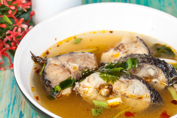 Thai food name is Fish Tomyam ,Sneck head fish on