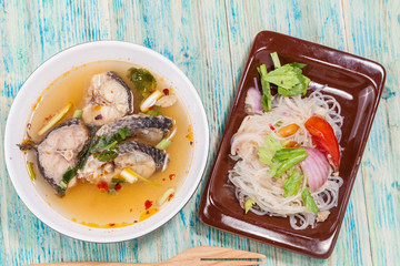 vermicelli spicy salad,and Tom yam fish ,Thai Food