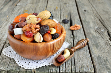 Dried fruits and nuts mix in a wooden bowl - symbols of judaic holiday Tu Bishvat.