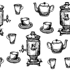 Seamless background pattern hand painted samovar, teapot and cups