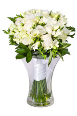 Bright flower wedding bouquet in glass vase