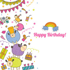 Happy Birthday! Postcard with sheep. Vector postcard.