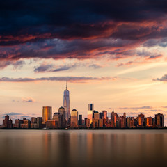 New York City cityscape during sunset
