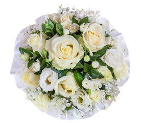 Up view of bright flower wedding bouquet isolated over white bac