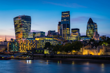 Modern London cityscape (Europe), including Gherkin and Walkie Talkie buildings