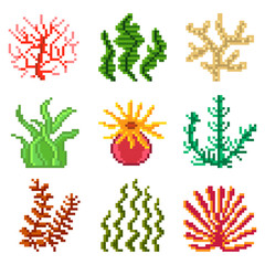 Obraz premium Pixel seaweed for games icons vector set