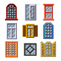 Pixel windows for games icons vector set