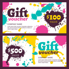 Vector gift voucher with watercolor colorful splashes, blots, st