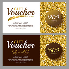 Vector gift voucher with golden sparkling pattern.