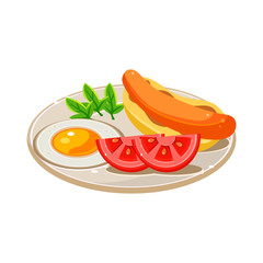 Breakfast Food Set with a Hotdog, Fried Egg and Tomato. Vector Illustration