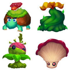 Illustration: The Fantastic Creatures in the Fantastic Forest - The Tortoise; The Monster Tree; The Fruit Monster; The Mushroom Monster. Realistic Fantastic Cartoon Style Character Design.
