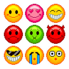 Pixel smileys for games icons vector set