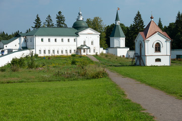 Fototapeta na wymiar The Valdai Iver Svyatoozersky Virgin Monastery. Church of the Holy Righteous JAMES Borovichskye