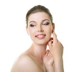 Beauty portrait of young smiling woman with beautiful healthy fa