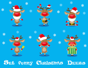 Vector set design elements funny Santa's  deers, christmas bells and gift box isolated on blue background