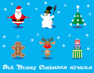 Vector set design elements funny Santa Claus, snowman, deer, gingerbread man, christmas tree, gift  isolated on blue background