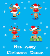 Vector set design elements funny Santa's  deers, christmas bells and gift box isolated on blue background
